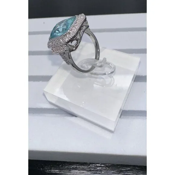 Aquamarine Cubic Zirconia White Crystal Ring Size 7 - Picture 11 of 16